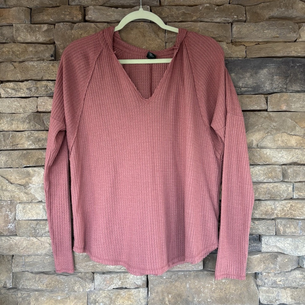 Wild Fable Womens Small Dusty Pink Waffle Knit Long Sleeve Hooded Shirt
